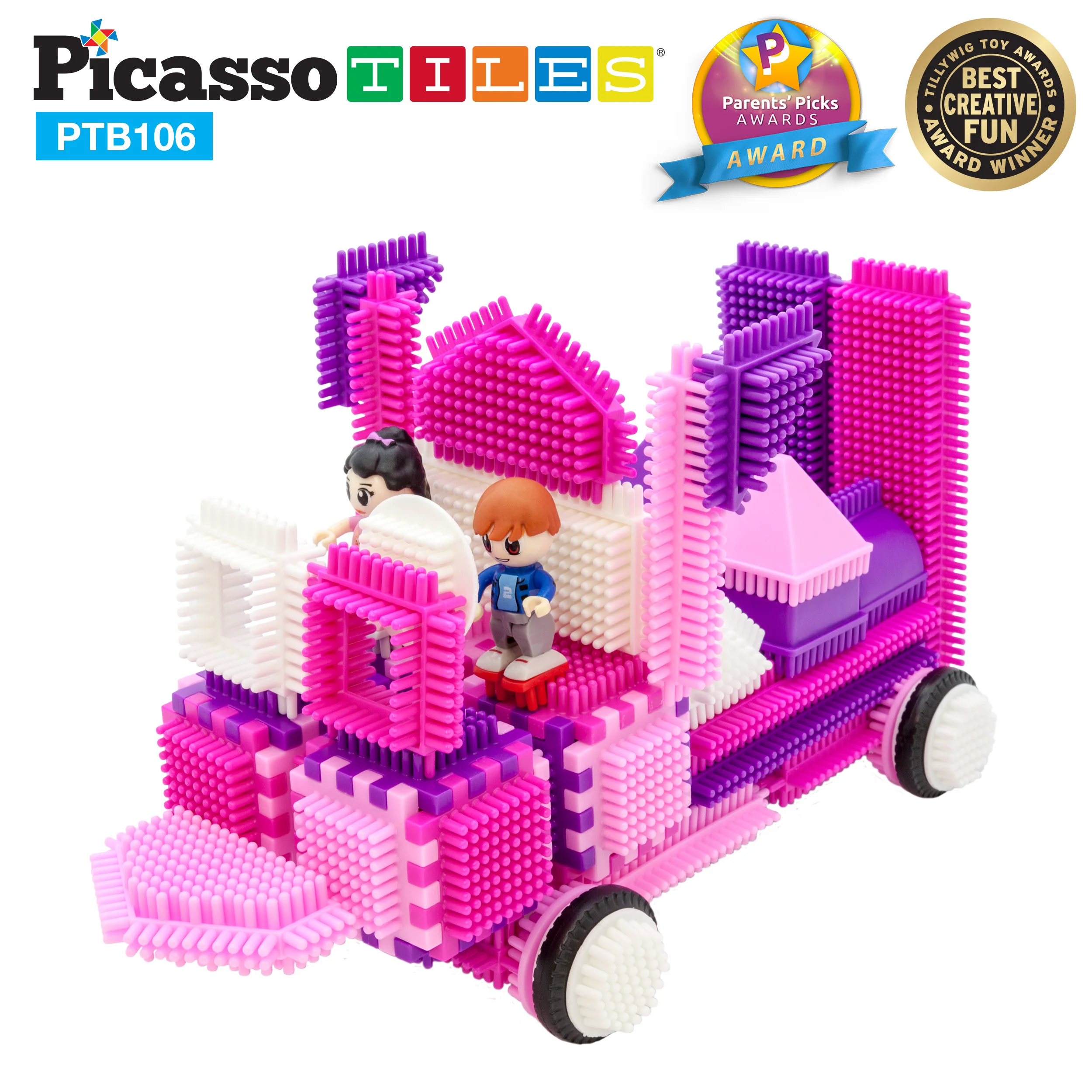 PicassoTiles 106pc Pink Castle Hedgehog Building Blocks Basic Building Set - Image 5
