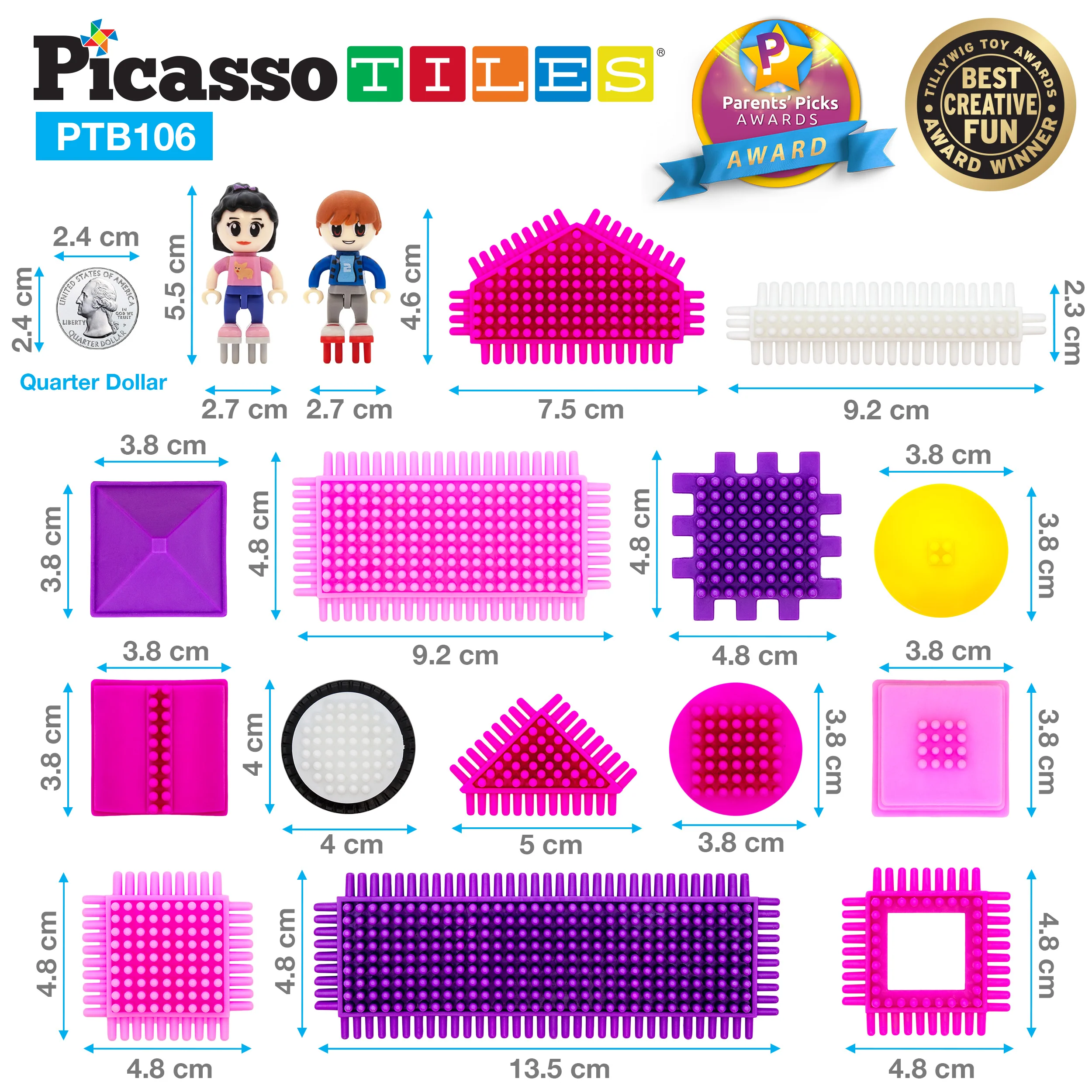 PicassoTiles 106pc Pink Castle Hedgehog Building Blocks Basic Building Set - Image 6