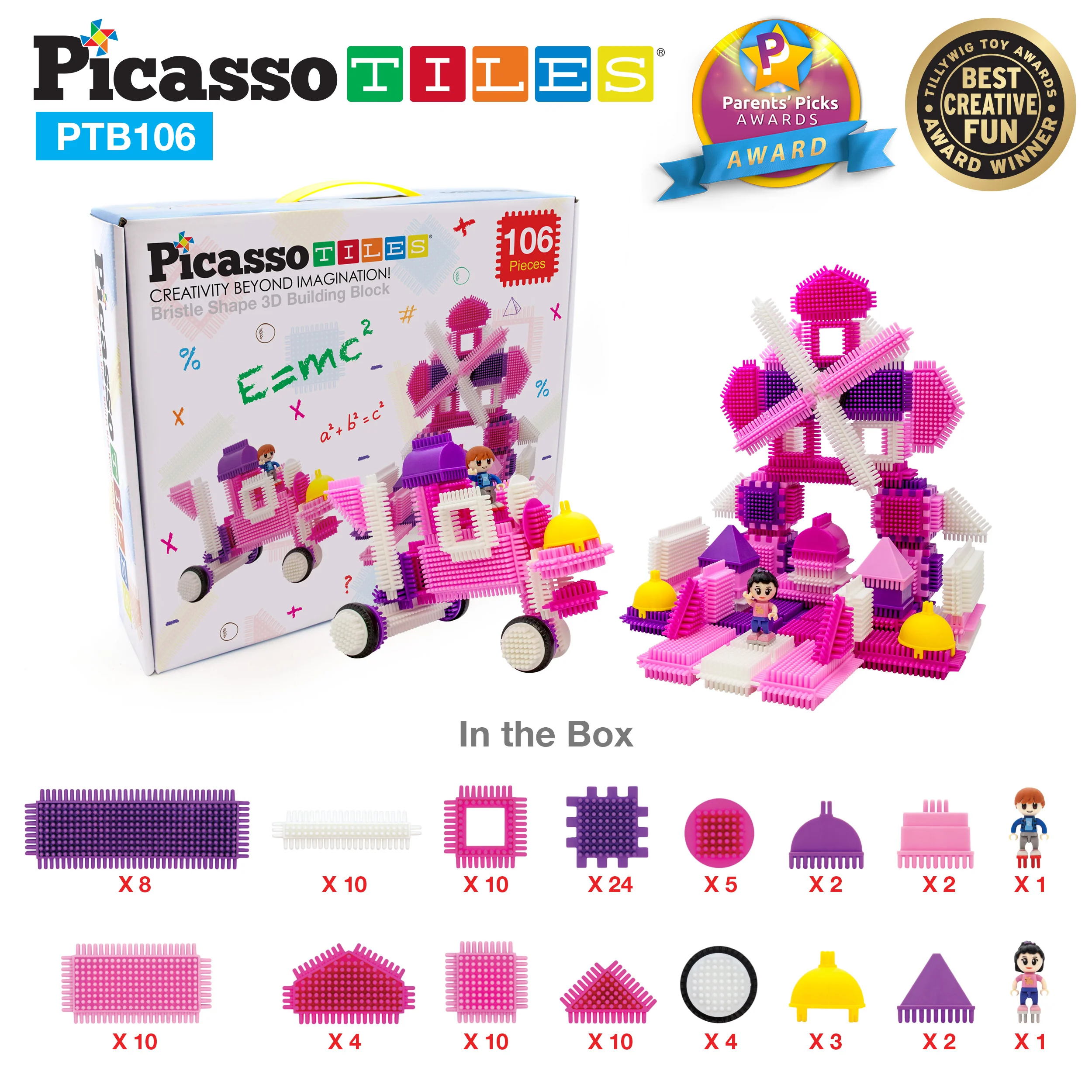 PicassoTiles 106pc Pink Castle Hedgehog Building Blocks Basic Building Set - Image 7