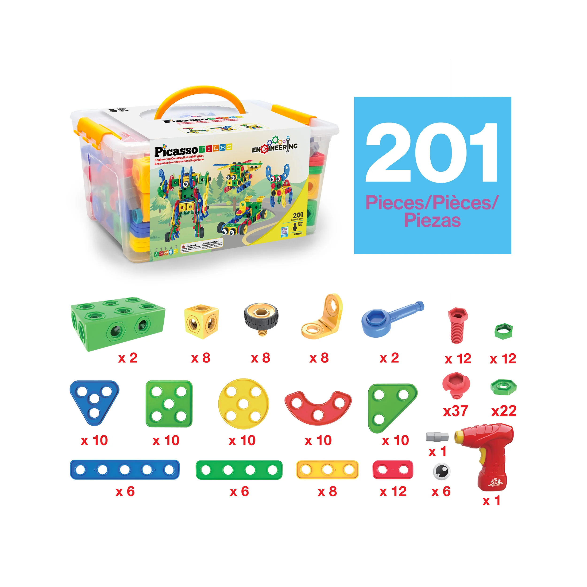 PicassoTiles 201pc Engineering Construction Set with Power Drill - Image 3
