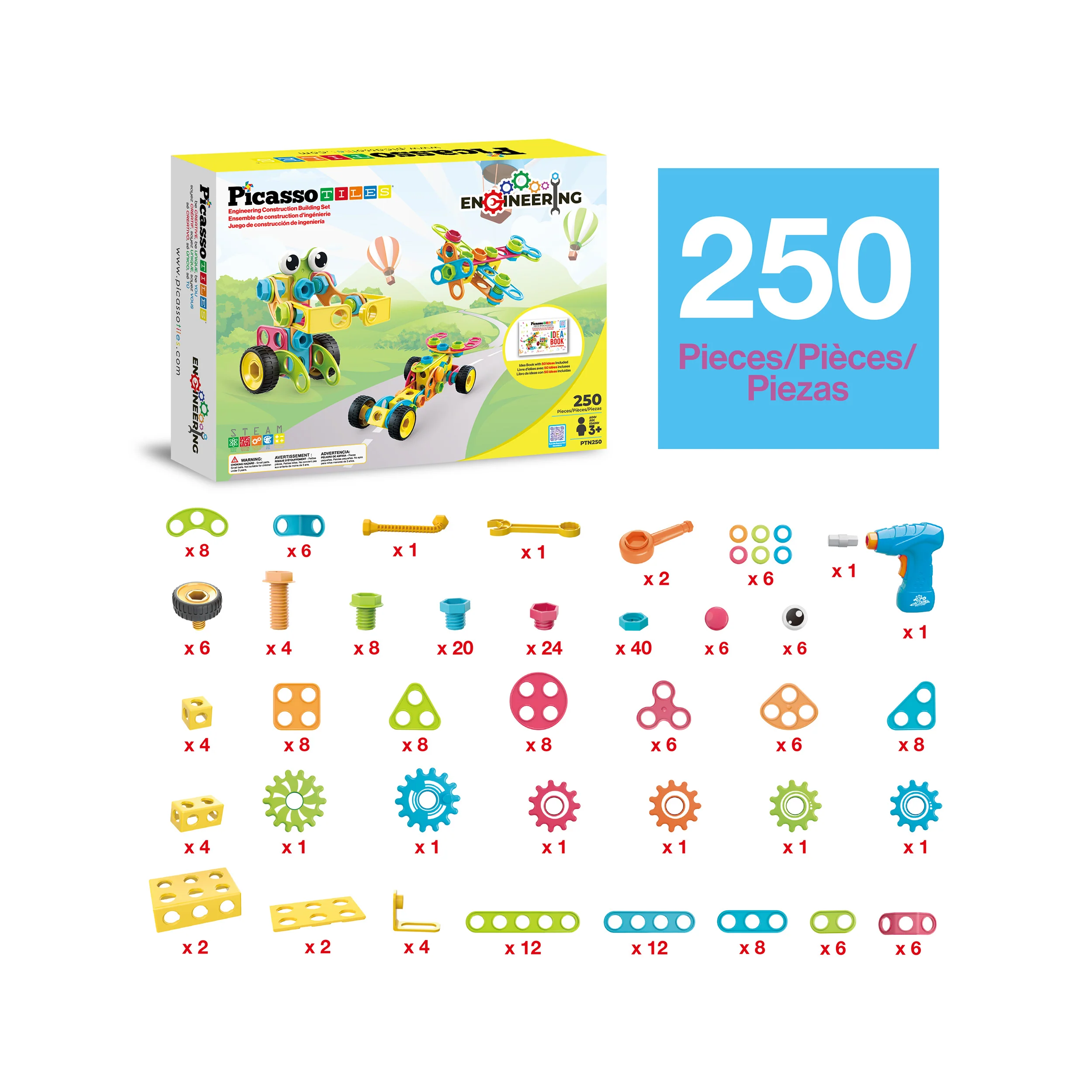PicassoTiles Engineering Construction Set with Toy Power Drill - 250 Pieces - Image 3
