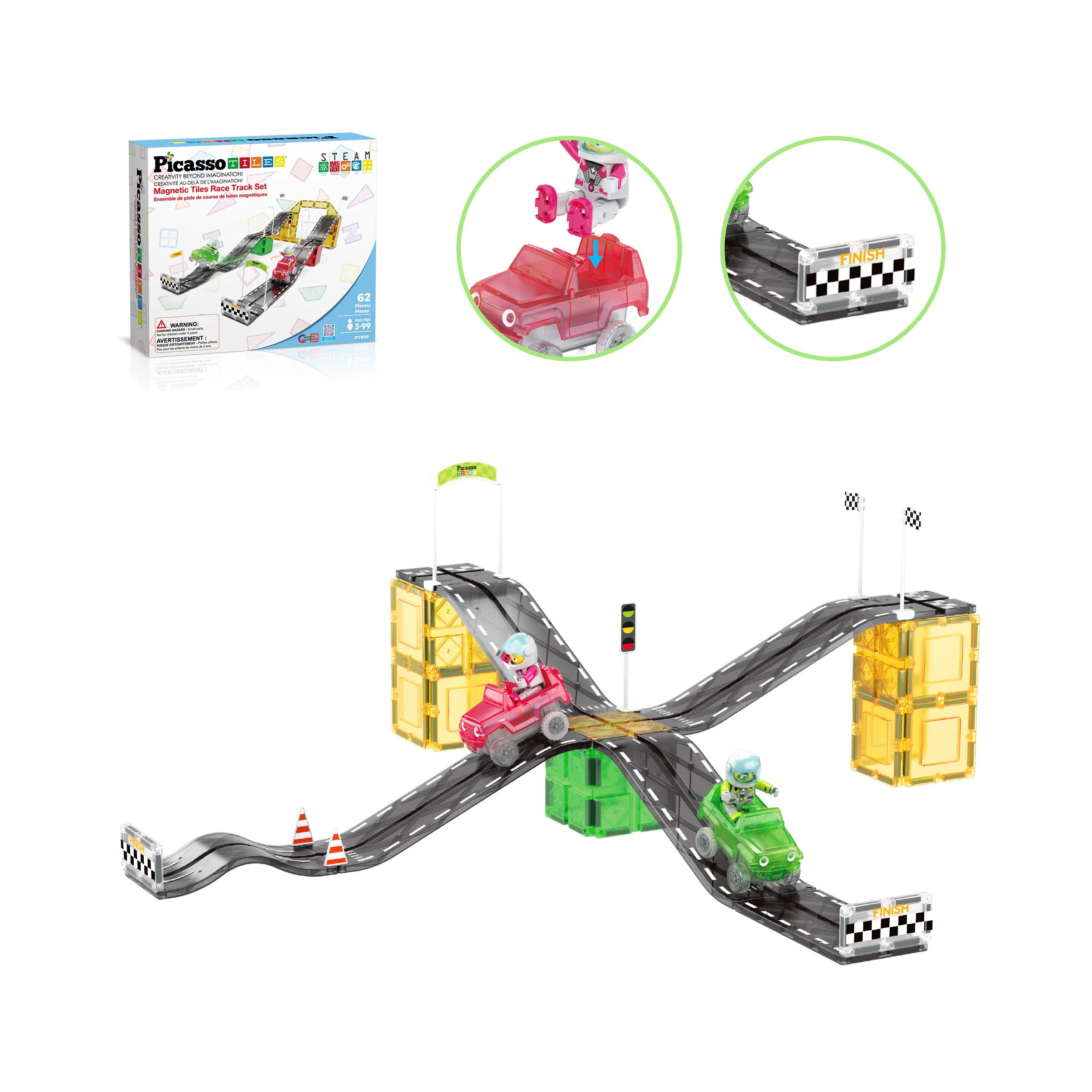 PicassoTiles Magnetic Tile Race Car Track Slider Building Set