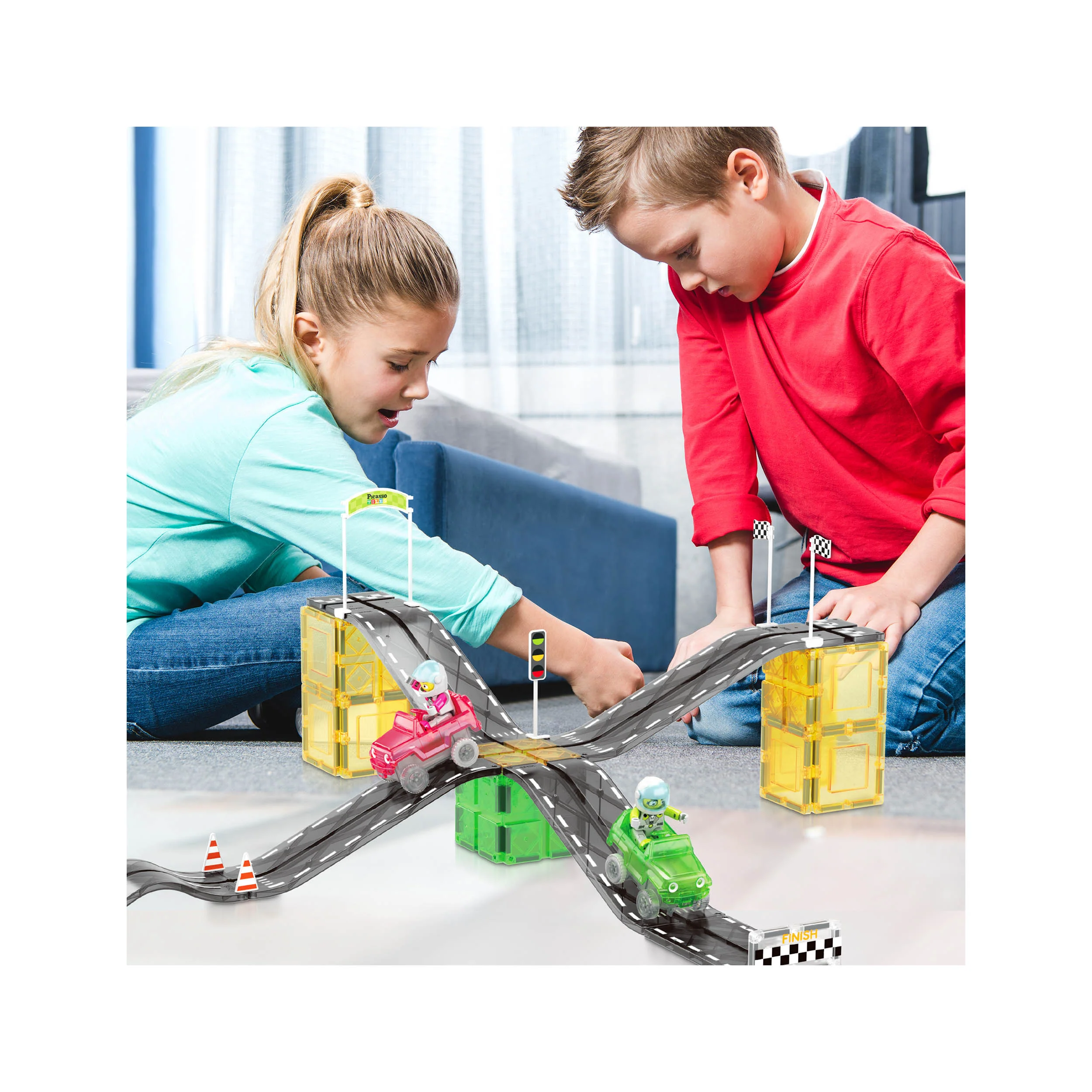 PicassoTiles Magnetic Tile Race Car Track Slider Building Set - Image 4