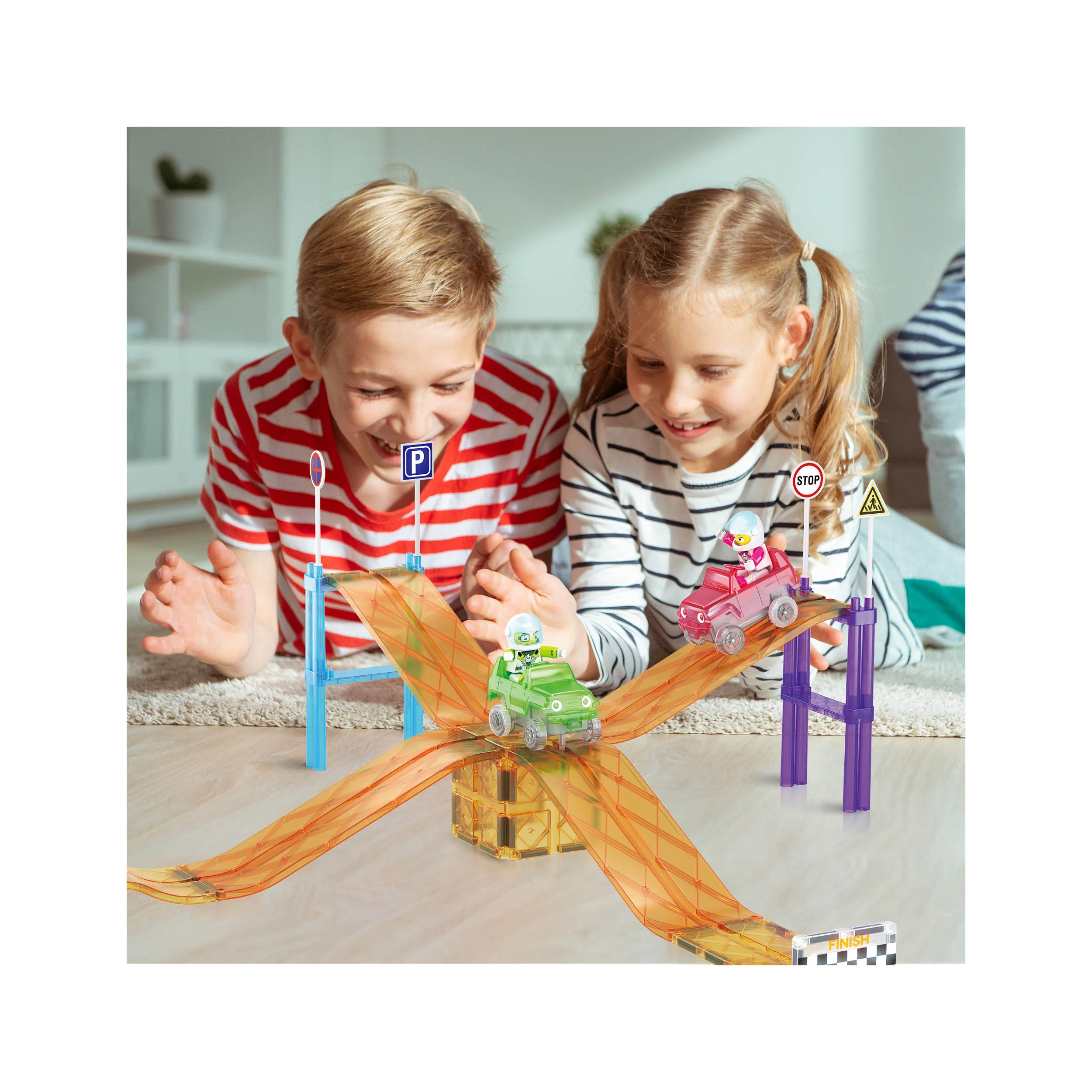 PicassoTiles Sloped Race Car Tracks for Racing Playset - 45 Pieces - Image 4