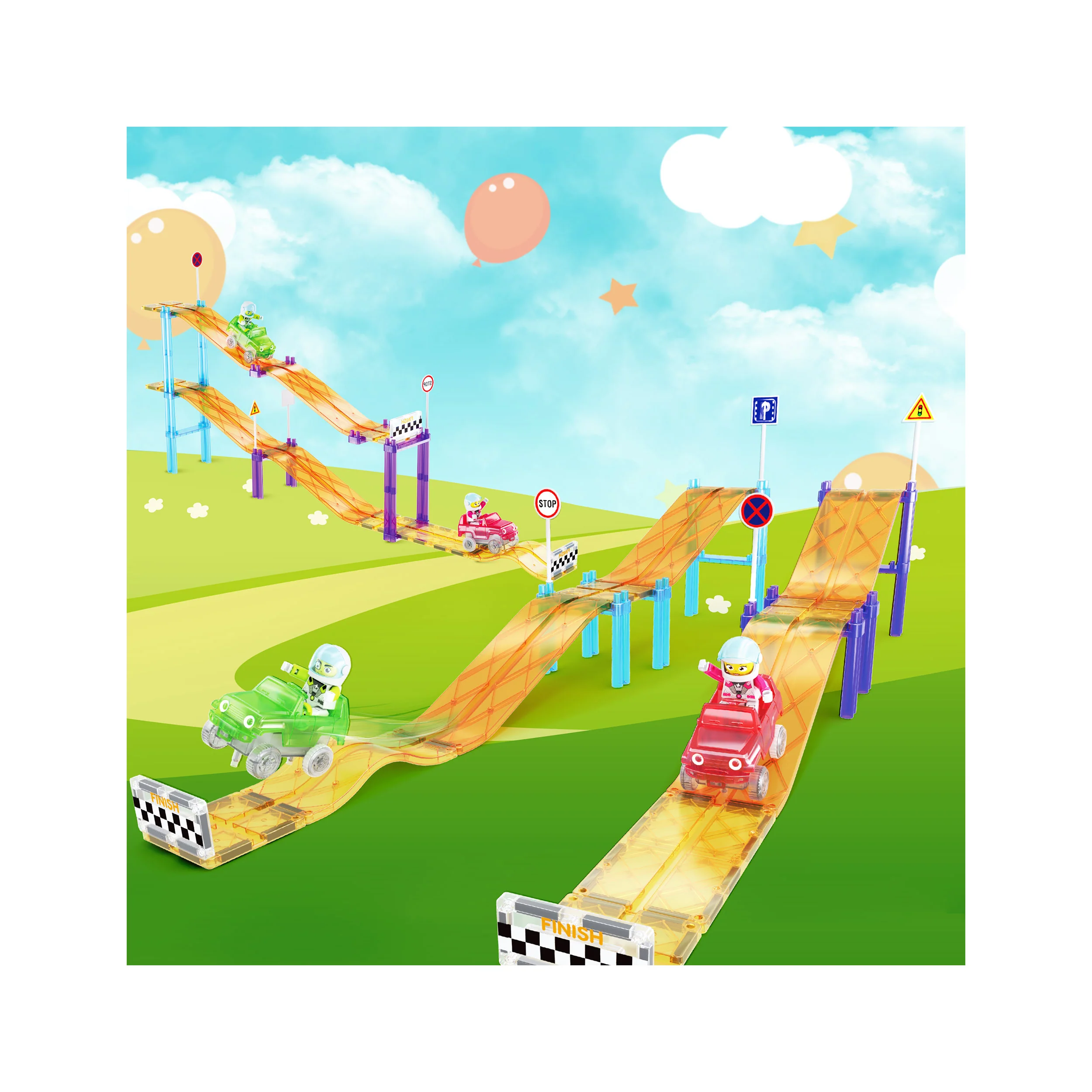PicassoTiles Sloped Race Car Tracks for Racing Playset - 45 Pieces - Image 6