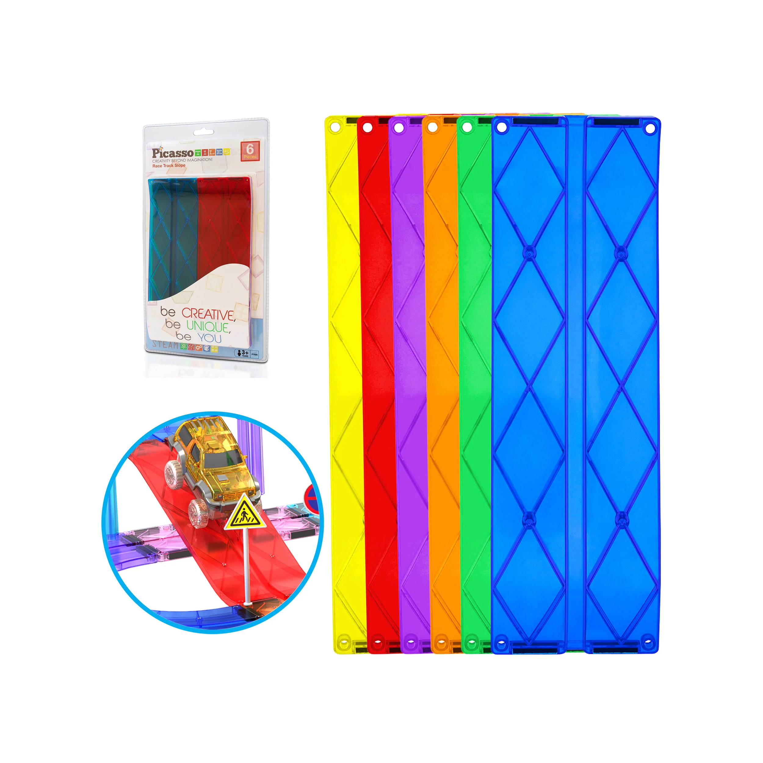 PicassoTiles Magnetic Race Track Expansion Set Ramps (6 Pieces)