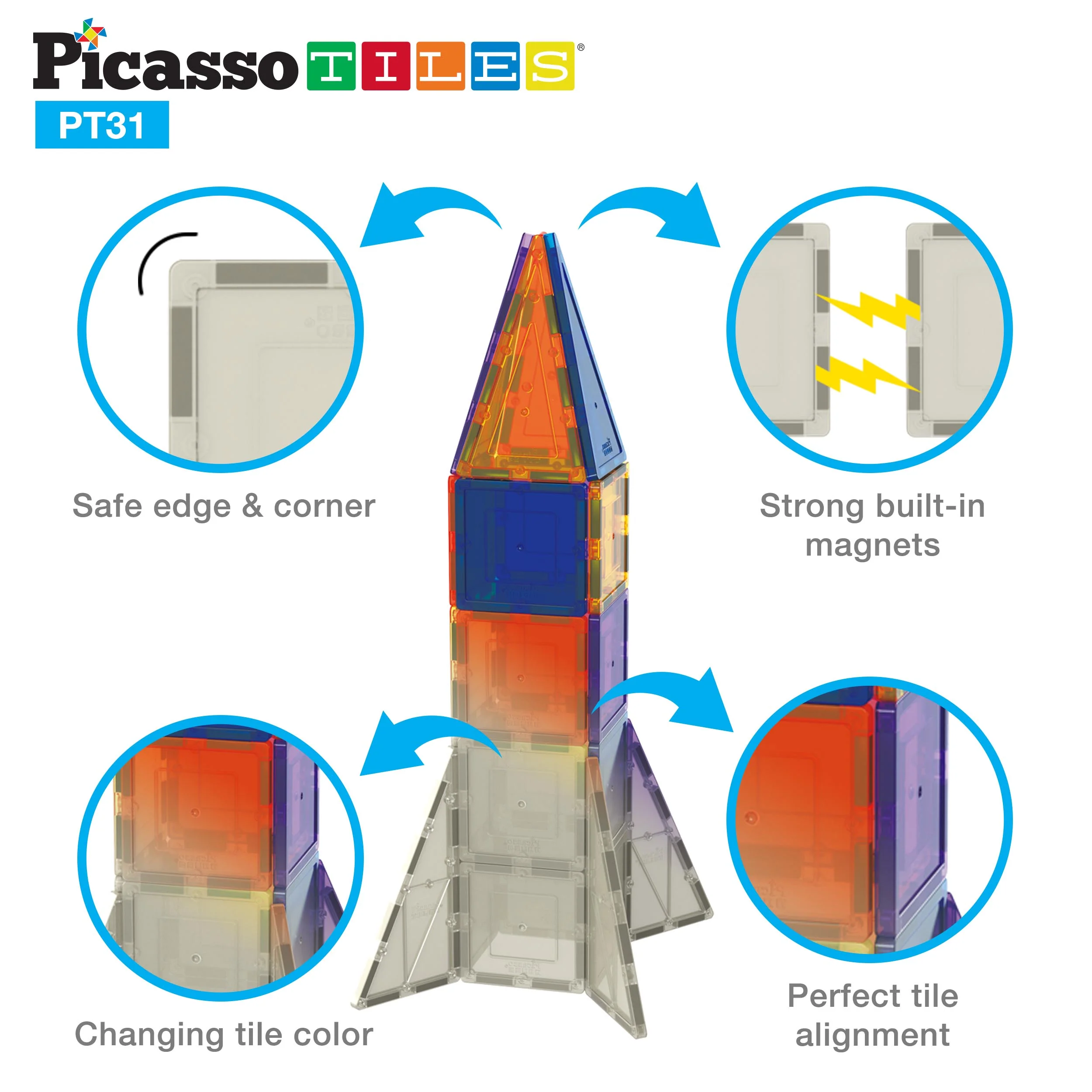 PicassoTiles Magnet Tile UV Activated Color Changing Rocket - Image 4