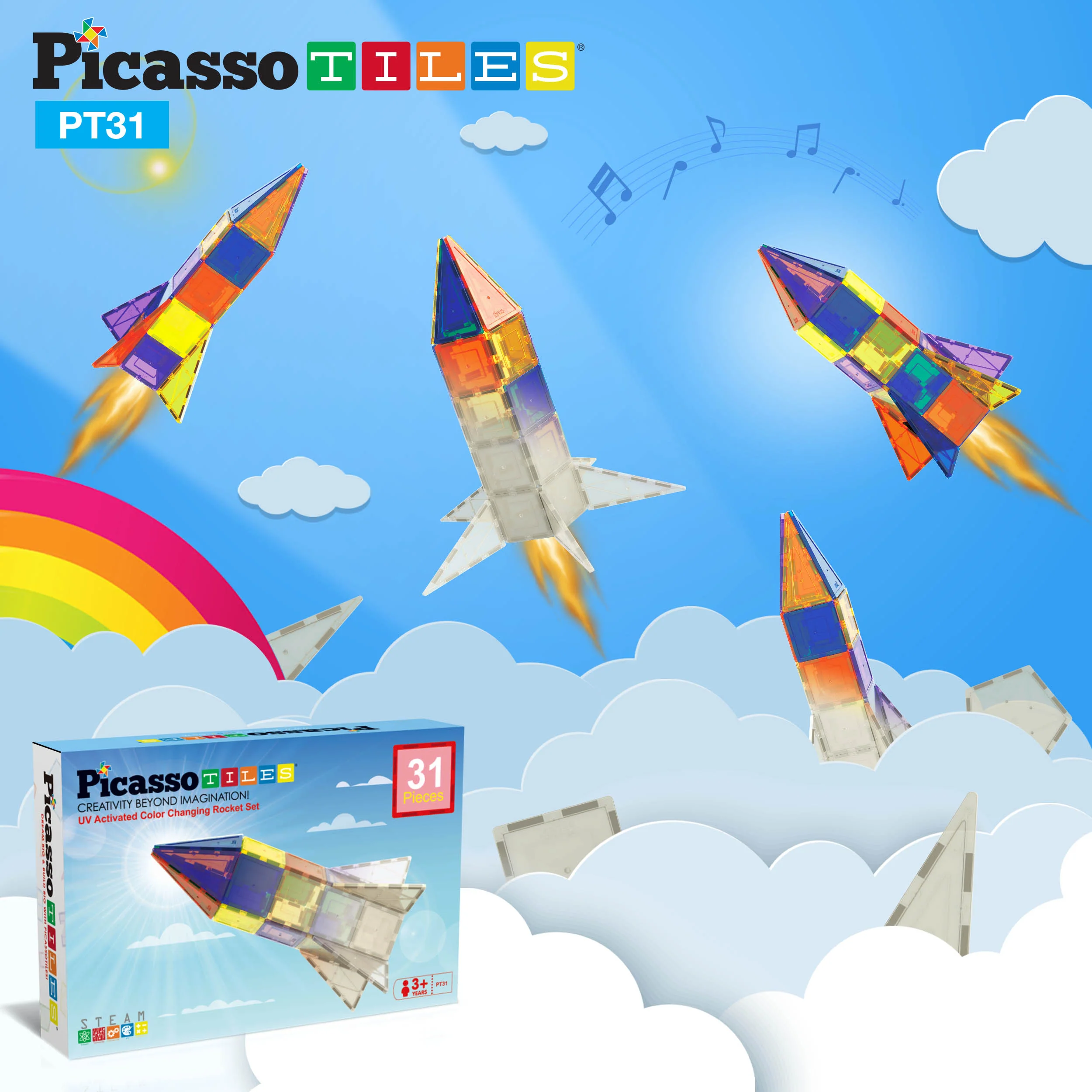 PicassoTiles Magnet Tile UV Activated Color Changing Rocket - Image 6