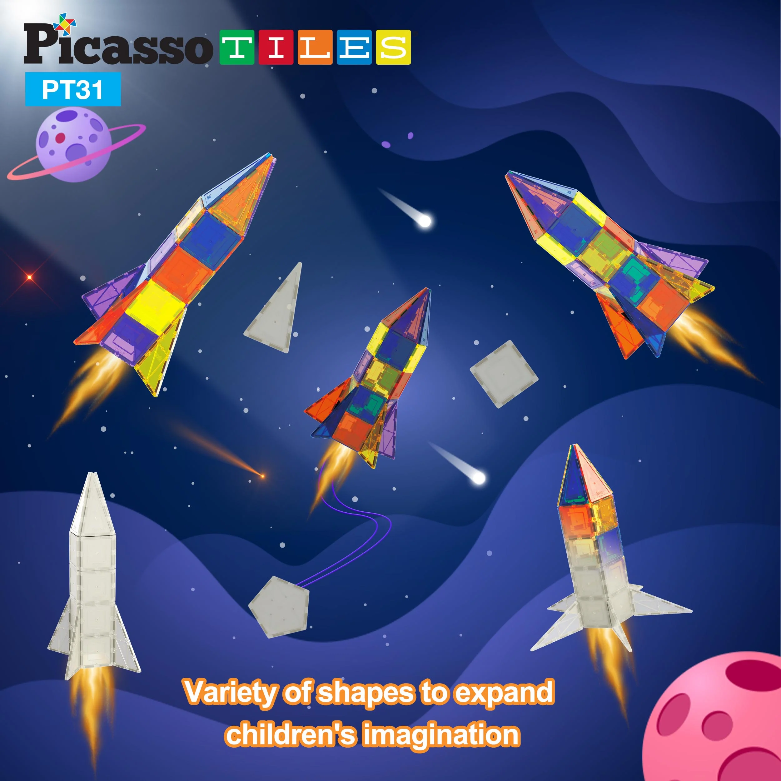 PicassoTiles Magnet Tile UV Activated Color Changing Rocket - Image 7