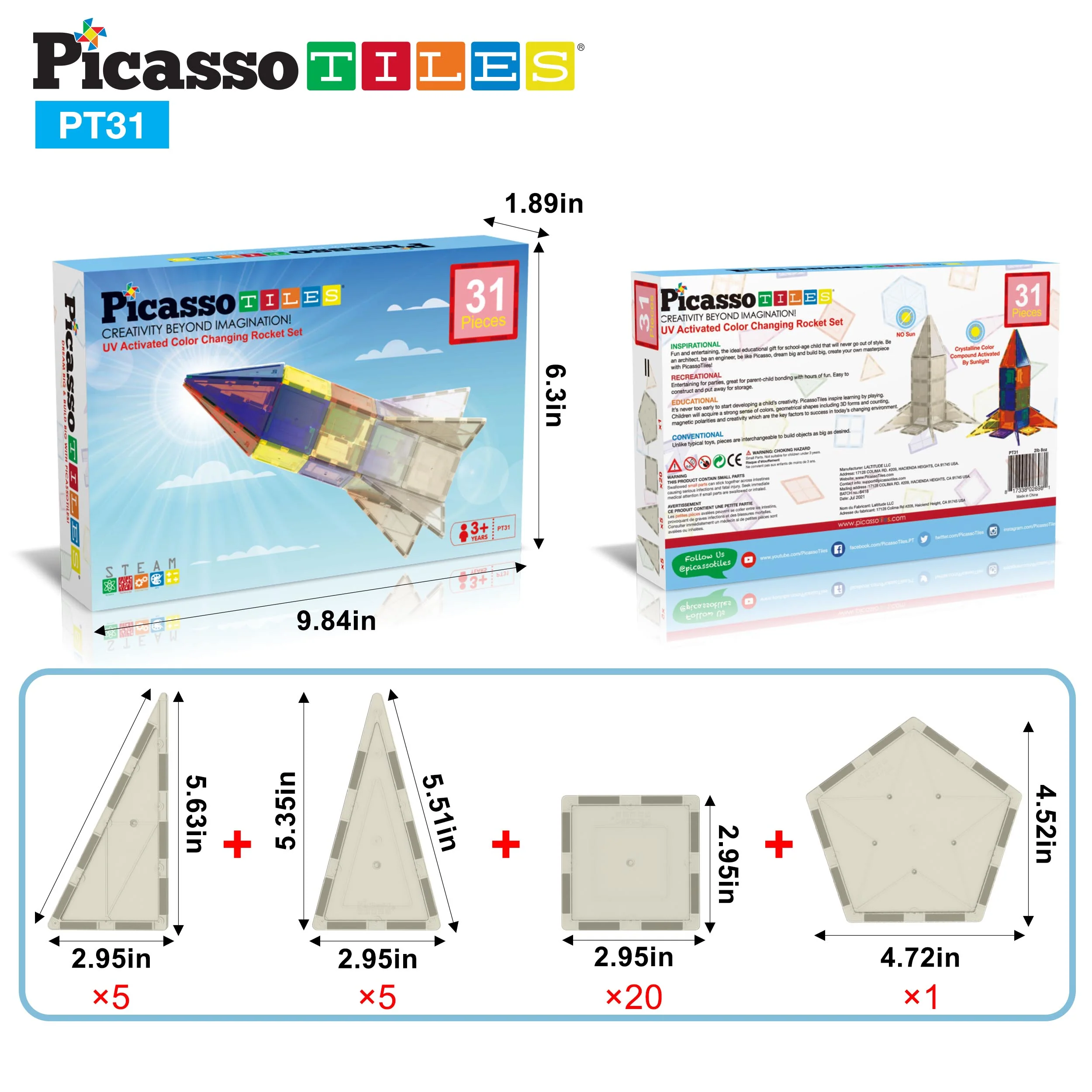 PicassoTiles Magnet Tile UV Activated Color Changing Rocket - Image 8