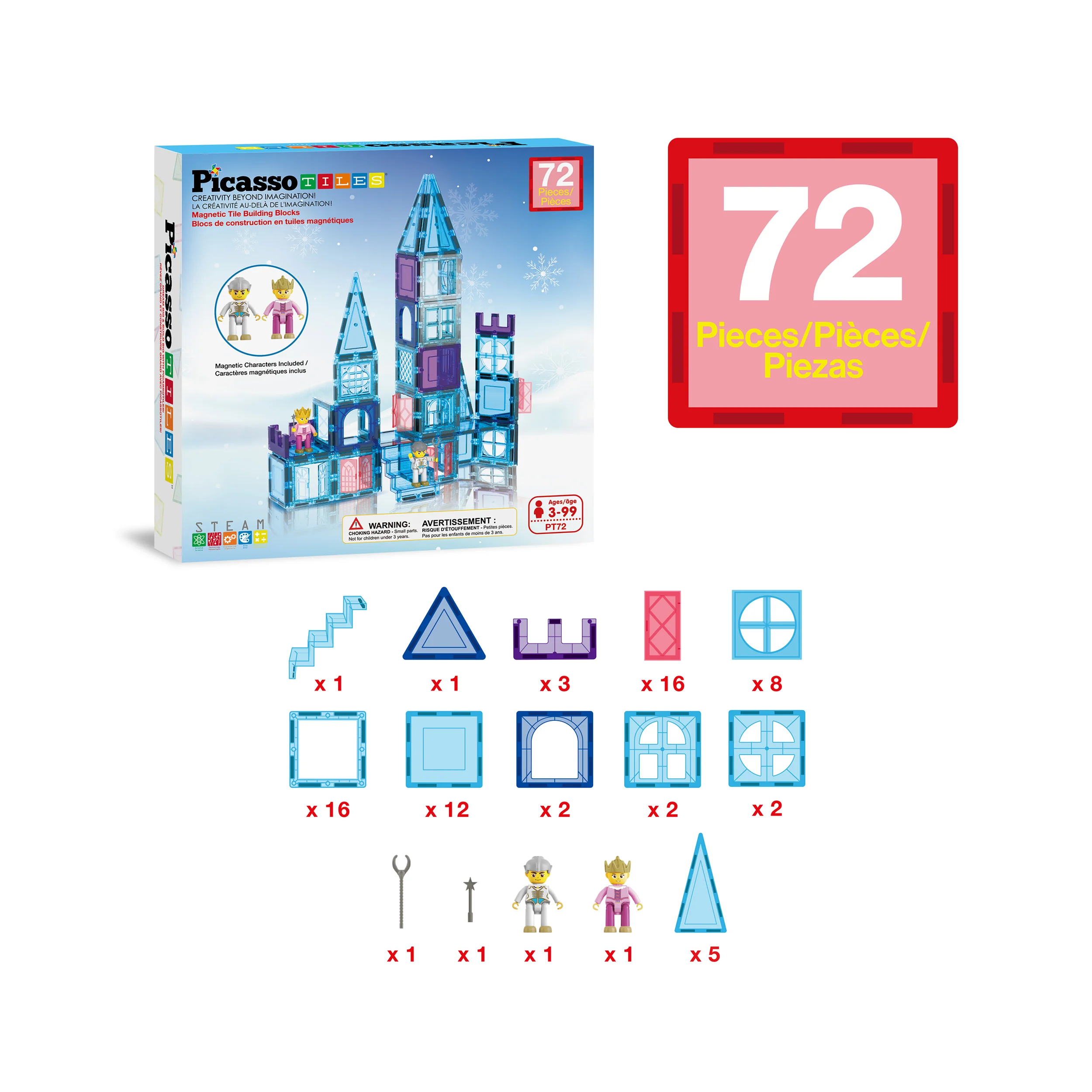 PicassoTiles 72pc Magnetic Tiles Winter Ice Castle Set - Image 3